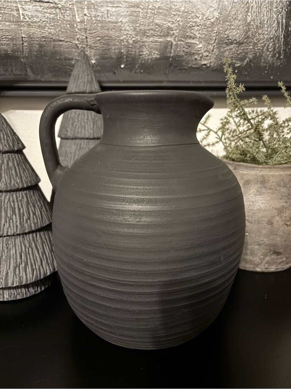 Matte Black Ribbed Heavy Pitcher Vase